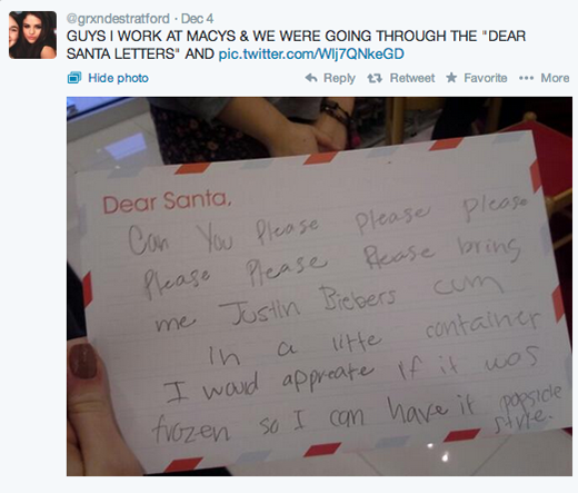 
	
	Fan này đã gửi hẳn thư cho ông già Noel chỉ để xin một ít... tinh dịch của Justin Bieber.